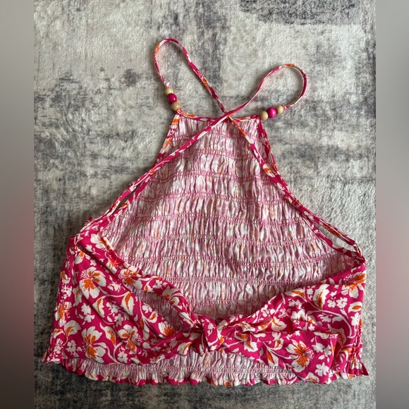 Zara Floral Pink Halter Crop Top Stretch elastic smocking wrap top in L- NWT - Picture 7 of 8